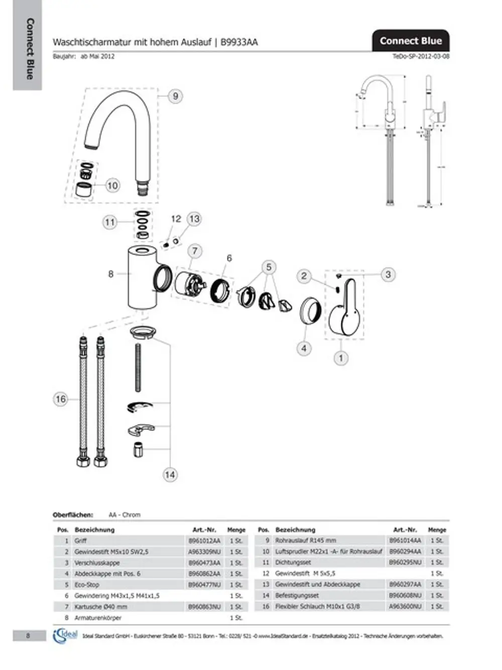Waschtischarmatur von Ideal Standard mit einem hohen Auslauf, bestehend aus verschiedenen Einzelteilen zur Montage, dargestellt in einer schematischen Explosion.